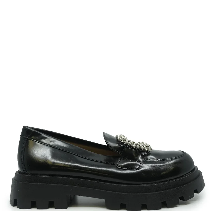 Confetti Black Leather Embellished Buckle Loafer