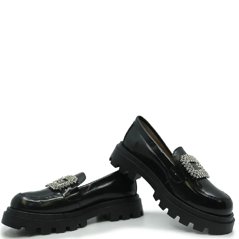 Confetti Black Leather Embellished Buckle Loafer