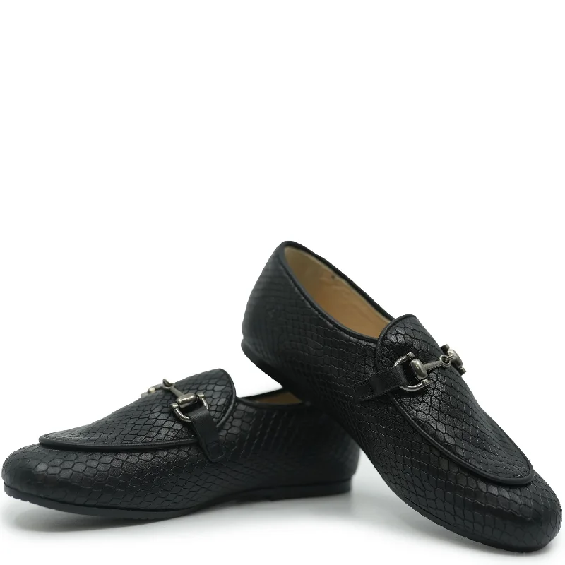 Manuela Black Snakeskin Buckle Loafer