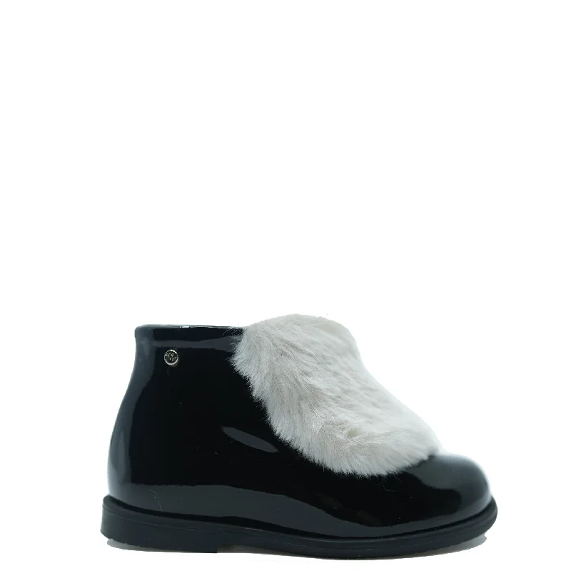 Manuela Black Patent and White Fur Baby Bootie