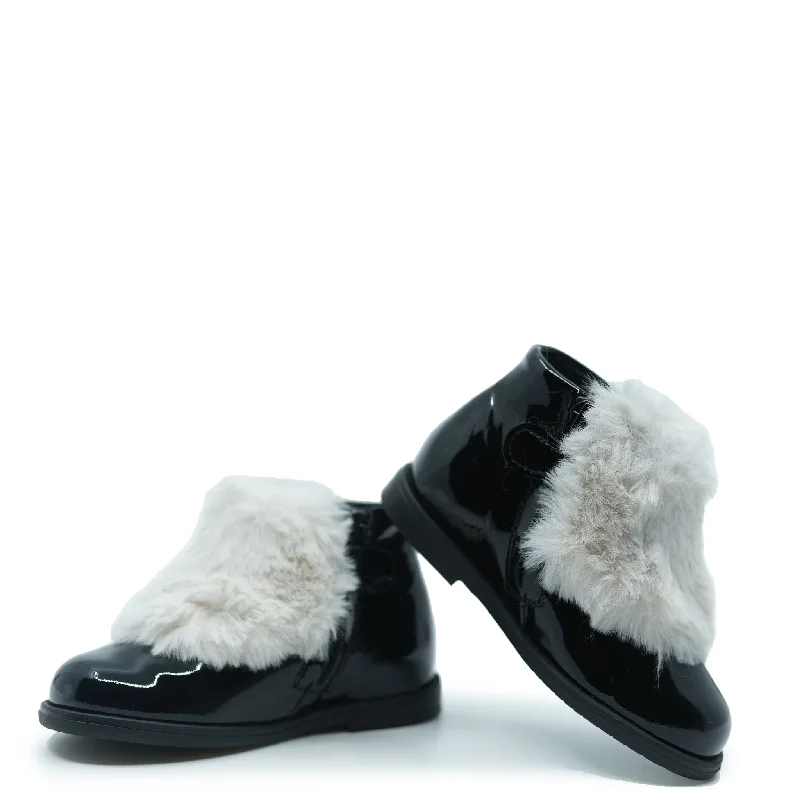 Manuela Black Patent and White Fur Baby Bootie