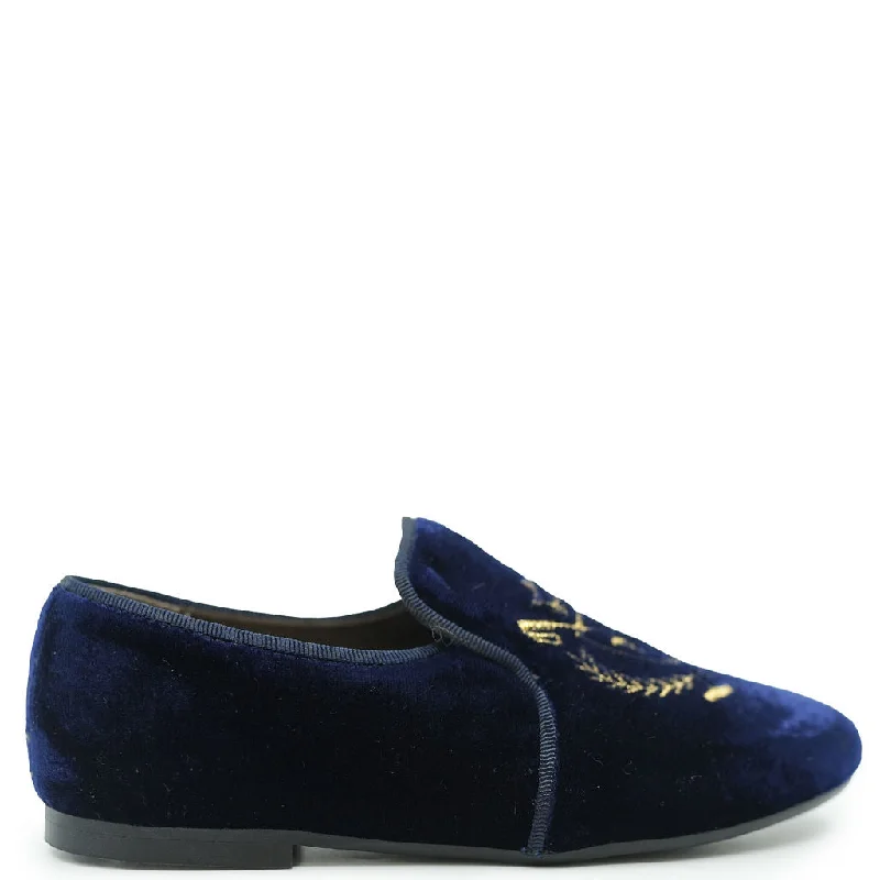 Papanatas Navy Velvet Polo Club Embroidered Smoking Loafer