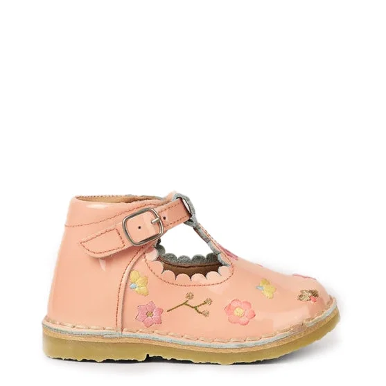 Petit Nord Blush Patent Embroidered T Strap Baby Shoe