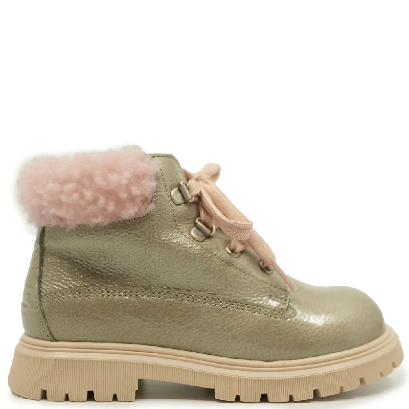 Rondinella Taupe Patent and Pink Shearling Bootie