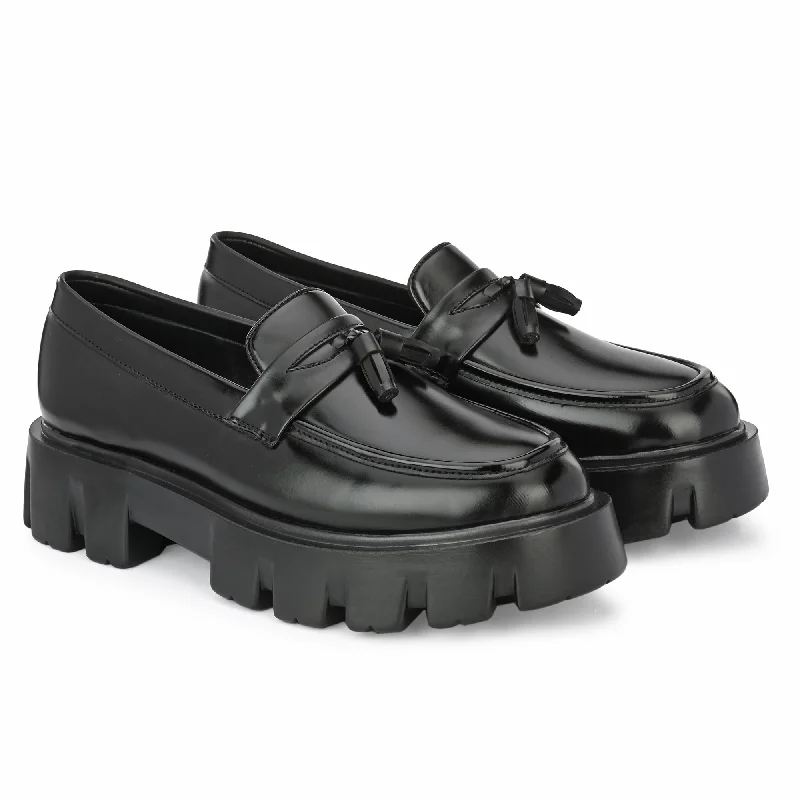 Attitudist Unisex Glossy Black High Heel Tassel Loafers