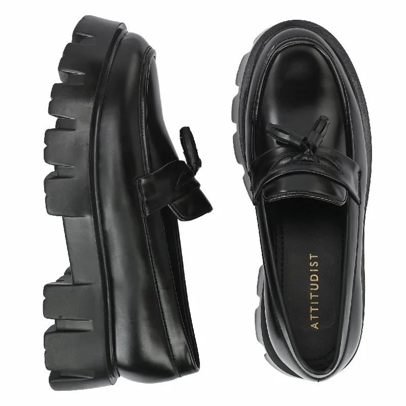 Attitudist Unisex Glossy Black High Heel Tassel Loafers