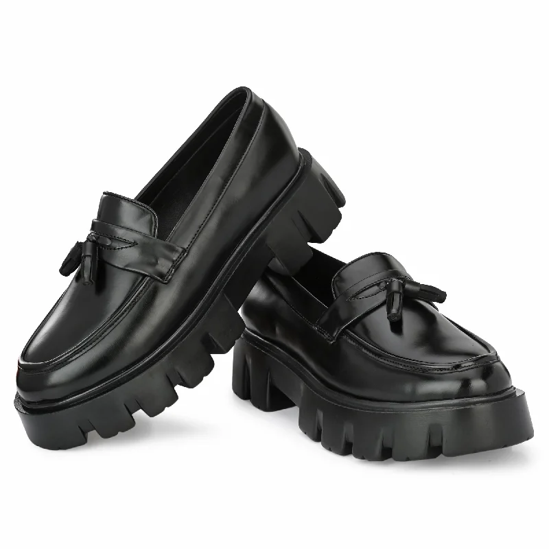 Attitudist Unisex Glossy Black High Heel Tassel Loafers